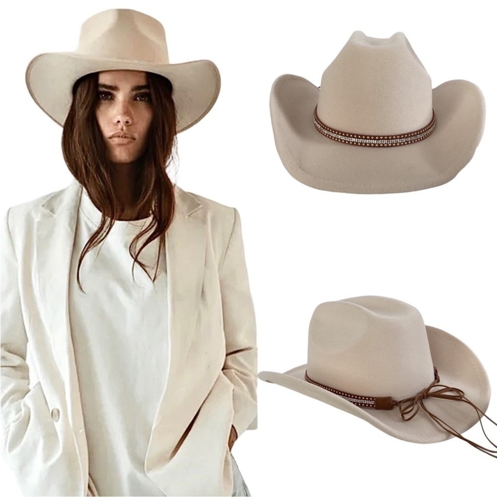 Woolen Solid Cream Cowboy Hat Removable Hatband Adjustable Inside
Headband New!